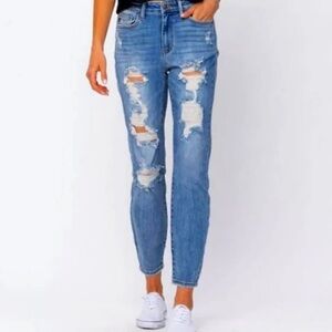 Judy Blue Distressed Boyfriend Jeans in Blue Sz 13/31